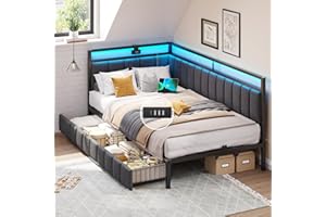 ‎DICTAC DICTAC Polsterbett Schlafsofa 90x200 mit LED-Beleuchtung und USB-Ladestation,Jugendbett Tagesbett 90x200 mit Lattenrost aus Metall und 2 Schubladen,Gästebett,Bettgestell ohne Matratze,Dunkelgrau