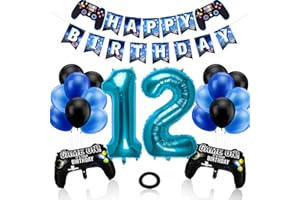 Phoetya Dekorationen zum 12. Geburtstag für Jungen, Gaming-Motto-Geburtstagsparty-Dekorationsset für Gamer, Happy Birthday-Banner, Game-Controller-Luftballons, schwarz-blaue Luftballons für Kinderpart
