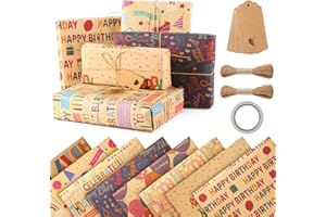 XREE 8 Hojas Papel Regalo Cumpleaños, 50 x 70 cm Kraft Papel de Regalo Infantil Papel de Envoltura de Regalo Papel Doblado Retro con 2 Cuerdas de Cáñamo 8 Etiquetas para Hombre Mujer Niña Niño