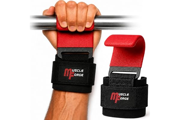 MuscleForge® Viktlyftningskrokar par – halkfria gymkrok grepp för kraftlyftning, dödlyft, tyngdlyftning, pull-ups, dubbel söm