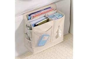 Elonglin Étagère pour lit suspendu organiseur de lit portable télécommande bouteilles magazines stockage de chevet Poche rangement 7 compartiments pour chambre de couchage Canapé Dortoir Oxford Beige