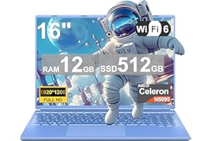 ‎NOTODD 2025 Gaming Laptop 16 Inch Win11 12 + 512GB SSD Support 2TB (HDD-2TB) 1920 x 1200 Notebook 4-Core Celeron N5095 (up to 2.9 GHz) Laptop with Number Keyboard WiFi Mini HDMI German Keyboard Cover Blue