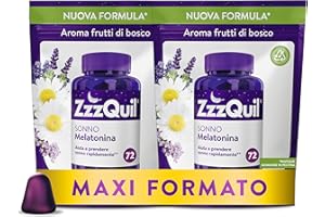 ZzzQuil Sonno, Melatonina pura per Dormire, Integratore con Estratti Di Valeriana, Camomilla e Vitamina B6, Formula Vegana, 2 x 72 Pastiglie Gommose