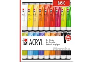 Marabu 1210000000201 - Acrylfarben Set Basic, mit 18 x 36 ml Farbe, auf Wasserbasis, für viele Untergründe geeignet, schnell trocknend, wasserfest und lichtecht