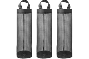Belligern 3 Pcs Plastic Bag Holder, Reusable Carrier Bag Storage with 3 Hooks Carrier Bag Holder Mesh Hanging Grocery Plastic Bag Storage Holder Suitable for Home Kitchen Travel(Black)