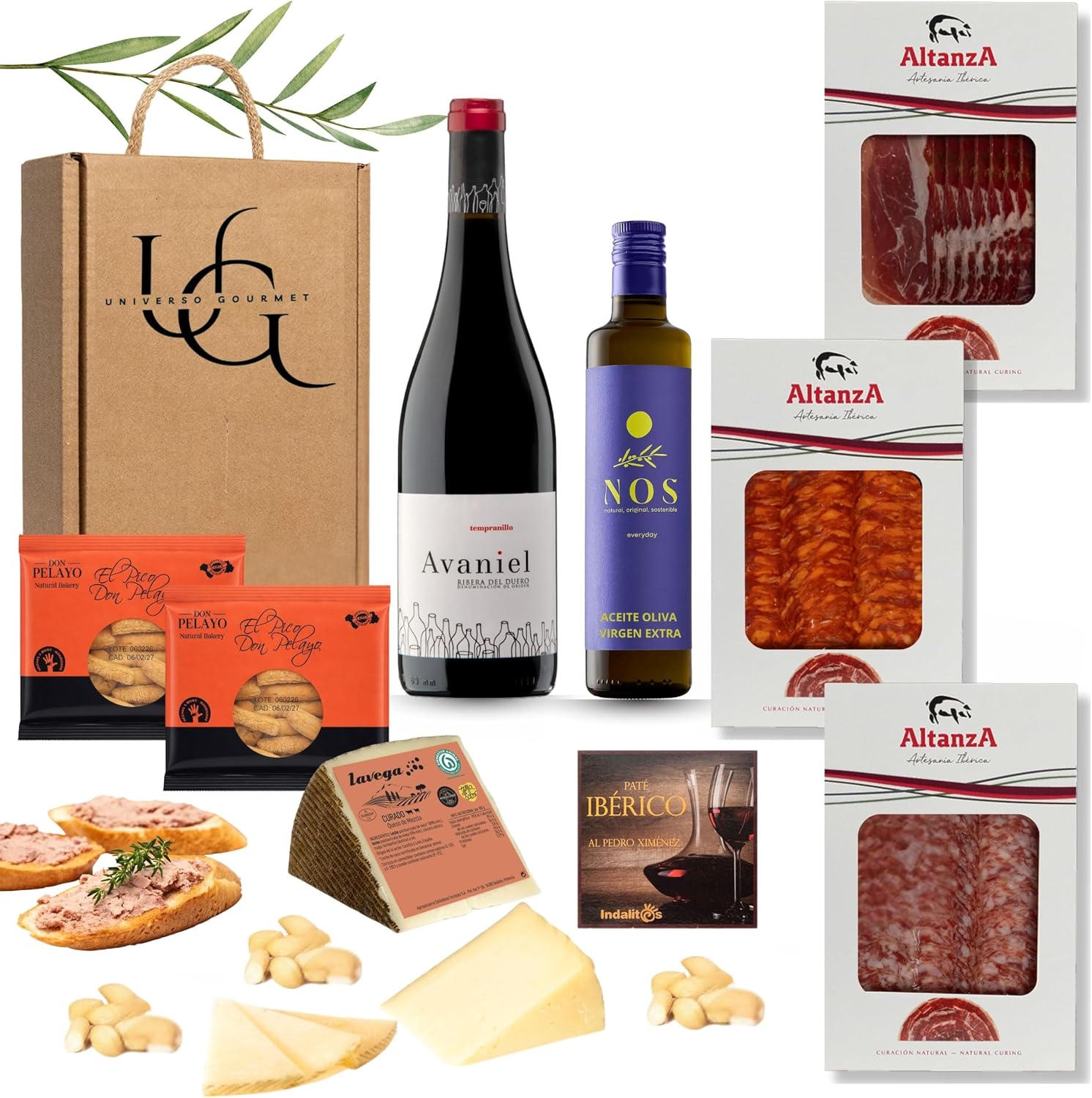 UNIVERSO GOURMET | Cesta Gourmet para Regalar | Vino DO.Ribera | Aceite Oliva Virgen Extra | Embutidos Ibericos Bellota | Paleta Ibérica y Queso Curado | Pate Pedro Ximenez y Picos Pan Artesanos