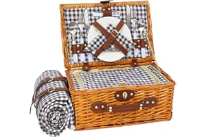 ‎HYBDAMAI HYBDAMAI Picknickkorb Set für 2 Person mit Kühlfach und wasserdichte Picknickdecke, Abnehmbarer Riemen, Weinbeutel, Besteck Set, für Camping, Strand, Wandern, BBQ und Familie/Paare Geschenke, Zubehör