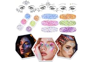 Amaza 9 Pezzi Strass Viso e Glitter Viso, 6 Colori Gel Glitter Fluorescente + 3 Fogli Brillantini Adesivi per Corpo, Capelli, Unghie, Occhi, Gemme Adesivi per Musica, Festival, in Maschera