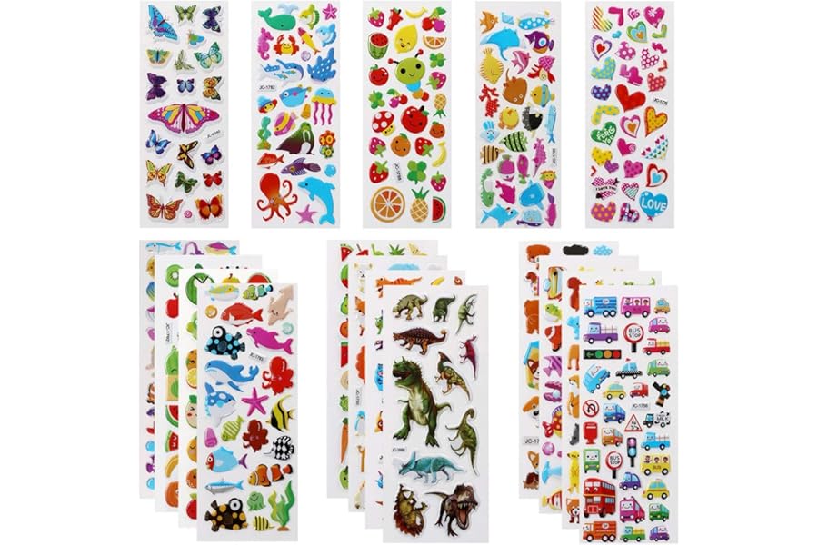 Vicloon 3D Stickers, 550+ Puffy Stickers 22 Variety Sheets for Rewarding Gifts Scrapbooking Including Animals, Fish, Dinosaurs, Numbers, Fruits, Trucks, Butterfly and More