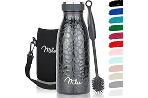 Milu Botella de acero inoxidable de 350ml 500ml 750 ml 1 L 1,5 L botella de agua aislada, termo a prueba de fugas, doble pared, apta para ácido carbónico + cepillo de limpieza (Black Leopard, 350ml)