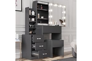 Blisswood Dressing Table with Mirror and Stool, Vanity Desk with 4 Drawer 3 open Storage Shelves and 3 Hidden Shelves with LED Bulbs, Modern Makeup Table for Bedroom & Living Room (Grey)