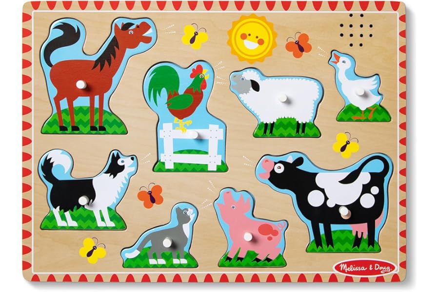Melissa & Doug Farm Animals Sound Puzzle | Wooden Peg Toys for Kids, Early Learning Jigsaw | Age 2-4