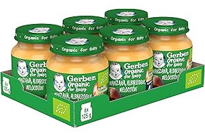GERBER Organic Manzana Albaricoque Melocotón, Tarrito Puré para Bebés, Pack de 6x125g, a partir de 4 meses