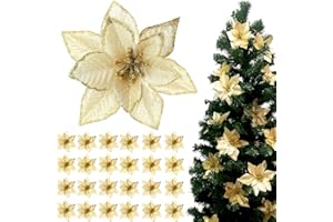 TATAFUN 24 Pezzi Fiori di Natale Poinsettia Glitter, Artificiali Stella di Natale Glitterata Decorazioni Matrimonio Albero di Natale Ornamenti (Oro)
