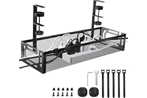 HMSENG Under Desk Cable Management Tray, Metal Cable Management,No-Drill Mesh Wire Organiser with Clamp, Wire Holder Side Opening Design, Cable Tidy Basket, for Office and Home-Design2