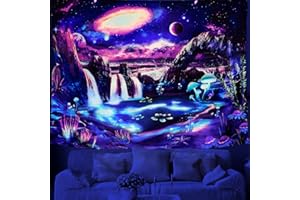 Dremisland Tapiz de Pared Galaxia Planeta Negra Tapiz Paisaje de Cascada Reactiva UV Telón de Fondo de Paisaje Onda Montaña Tapices Plantas Setas Neón Colgante de Pared Decoración Hogar Dormitorio