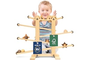 Kugelbahn Holz mit 3 großen Kugeln und 3 Spinner - aus FSC®- zertifiziertem Holz - Made in EU - Murmelbahn für maximalen Spaß & Entwicklungsförderung - Holzspielzeug 1-6 Jahre Lisa & Max