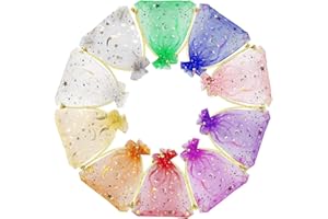 iwiio 100Pcs Organza Gift Bags - Moon Star Mixed Color Small Mesh Candy Pouches for Wedding, Party, Jewelry, Christmas, Valentine's Day