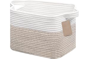 JOJOSEE Woven Storage Basket, Cotton Rope Basket for Shelves Toys Organizer, Square Storage Baskets for Books, Shoes, Decorative Gift Baskets for Home Bathroom Organizer 33x25x22.5cm (White&Brown)