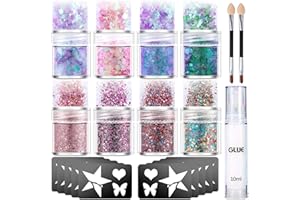 FALILUV Face Glitter Body Glitter 8 Colours Chunky and Fine Glitter with Glitter Glue,10 Tatoo Stickers, Brush for Body,Face,Makup,Nail,Hair, Party,Festival Accessories,Art & Craft Supplies
