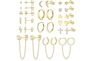 JeweBella 15Paires Petite Boucles d'Oreilles Femme Acier Innoxydable 14K Plaqué Or Hypoallergénique Boucles d'Oreilles Creoles Pendantes avec Chaîne Boucles d'oreilles Zircon Ball Cross Or/Argent