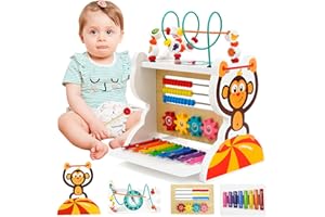 Maycoly Motorikwürfel Aktivitätswürfel aus Holz 5-in-1 Aktivitäts-Center Holzperlenlabyrinth Abakus und Xylophon Montessori Spielzeug Holzspielzeug für Kleinkinder ab 1 2 3 Jahre +