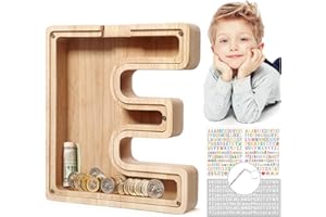 MoneRffi Personalized Letters Wooden Piggy Bank, A-Z Letters Coin Bank Money Box with Clear Alphabet Stickers, Money Saving Bank For Family Christmas Birthday Gift Home DIY Decoration