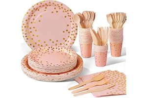 Nkaiso 140pcs Party Vaisselle,Kit Vaisselles Anniversaire Assiette Dîner Papier Tasse Serviette, Enfants Party Fête Mariages Baby Shower Noël, 20 invités (Pink Or)