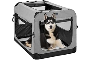 Veehoo Folding Soft Dog Crate, 3-Door Pet Kennel for Crate-Training Dogs, 5 x Heavy-Weight Mesh Screen, 600D Cationic Oxford Fabric, Indoor & Outdoor Use, 32", Gray