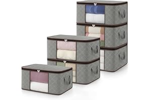 unycos - Cajas para Almacenaje de Ropa x 6【35L】 Bolsas Plegables con Ventana Transparente, Doble Cremallera y Asas Reforzadas, Organizador de Toallas, Edredones, Juguetes | Hasta 10 kg (Grey/Coffee)