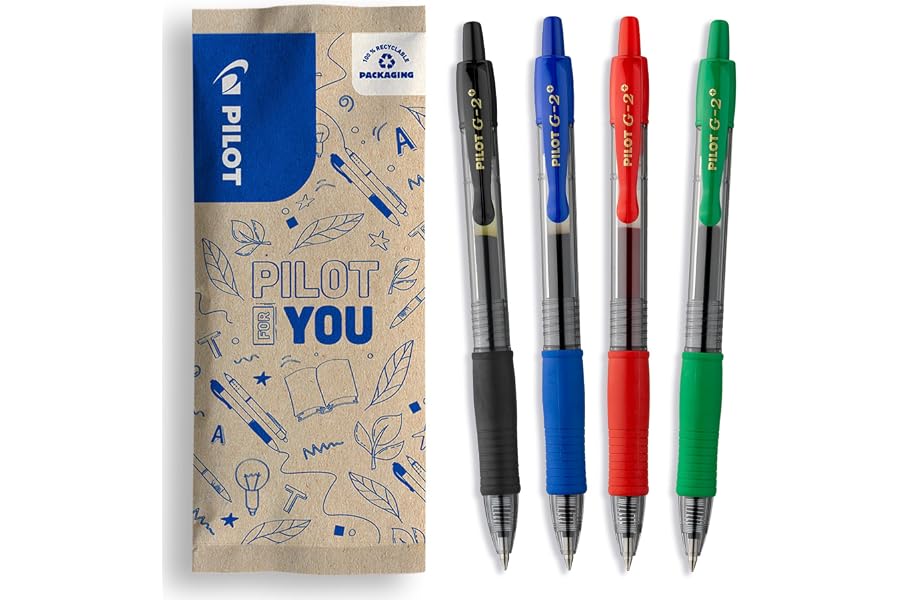 PILOT - Caja de 4 G2 Plus - Bolígrafos Roller de Tinta de Gel - Retráctiles y Recargables - Negro, Azul, Rojo, Verde - Punta 