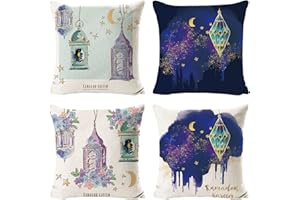JOKILY Ramadan, 4 federe per cuscini decorativi, 45 x 45 cm, in lino, motivo a luna, lanterna, per divano e soggiorno, decorazione (B)
