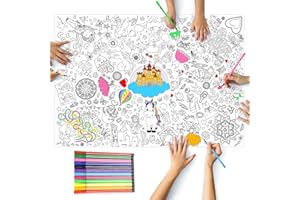 BETESSIN Nappe à Colorier Enfant 115x83cm,Poster à Colorier Nappe en Papier à Colorier et 12pcs Stylo de Couleurs Nappe de fête Décoration d'anniversaire d'enfant Nappe Cadeaux Scolarisation