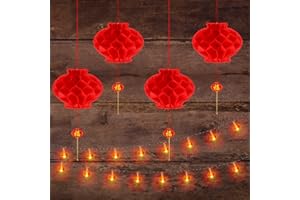 HONOSON 4 Pieces Red Chinese Lanterns Decorations with 3 Meters 20 Lights Hanging Chinese LED Lantern Lights Chinese Lanterns and String Lights Decorations for Wedding New Year Spring Festival Party
