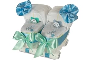 dubistda -WINDELTORTEN- Gâteau de couches Poussette jumelle bleue - Cadeau pour jumeaux - Poussette pour garçons | Personnalisé avec nom - 40 couches Premium Protection - Taille 2