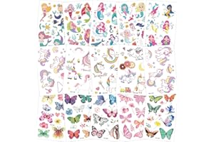 BOYATONG Tatouage Fille Paillettes, 150+ Paillette Tatouage Licorne + Sirène + Papillon, Etanche, Ephémères, Anniversaire d'enfant Cadeau