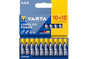 VARTA Piles AAA, 10+10 (lot de 20), Longlife Power, Alcalines, 1,5V, emballage recyclé à 90%, adaptées aux jouets, souris sans fil, lampes de poche, Made in Germany