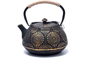 MILVBUSISS Tetera de Hierro Fundido, Tetera Japonesa con Infusor para Hojas Sueltas, Grapacidad 1200ml Hervidor de Té Sakura Design Recubierto con Interior Esmaltn Caado, Negro