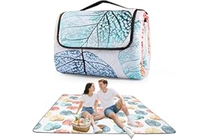 CUSHSUNR Waterproof Picnic Blanket, 200x200cm Oversized Beach Mat with Cotton Foldable Picnic Rug Mat Sanddproof Picnic Mats with Carrying Handle for Camping, BBQ, Garden, Hiking (Colorful Leaves)