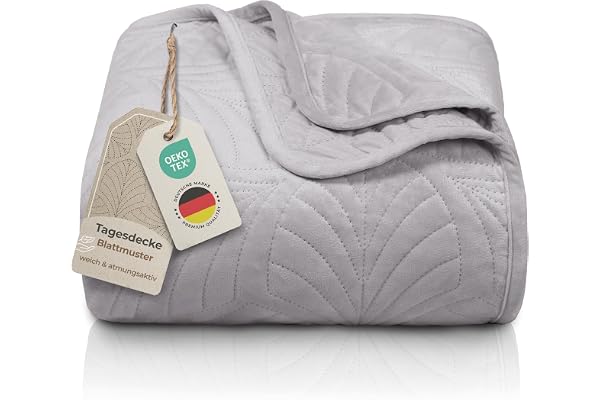 Gräfenstayn Premium överkast 200 x 220 cm – sängöverkast med sömlös quiltning och bladdesign – sammetsfilt – mjukt, skrynkelf