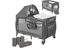 LIONELO Lettino da Viaggio SVEN con Materasso, Dalla nascita fino a 36 mesi, Lettino pieghevole con Fasciatoio, Baldacchino, Giocattoli Pendenti Ingresso laterale aggiuntivo LockGuard, Route con frene