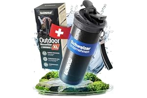 Bachgold® Botella filtrante de agua no potable XL [800 ml] con capacidad de filtración de 2000 L I elimina el 99,99% de bacterias, virus, partículas y metales pesados, botella de agua (Negro)