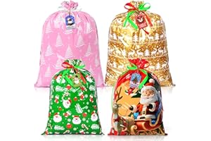 AhfuLife 4 Piezas Bolsas de Regalo con Cordón de Navidad, 4 estilos Grandes Reutilizables Bolsas de Regalo para Navidad con Etiquetas de Navideñas, Regalos, Golosinas y Decora Fiestas Navidad