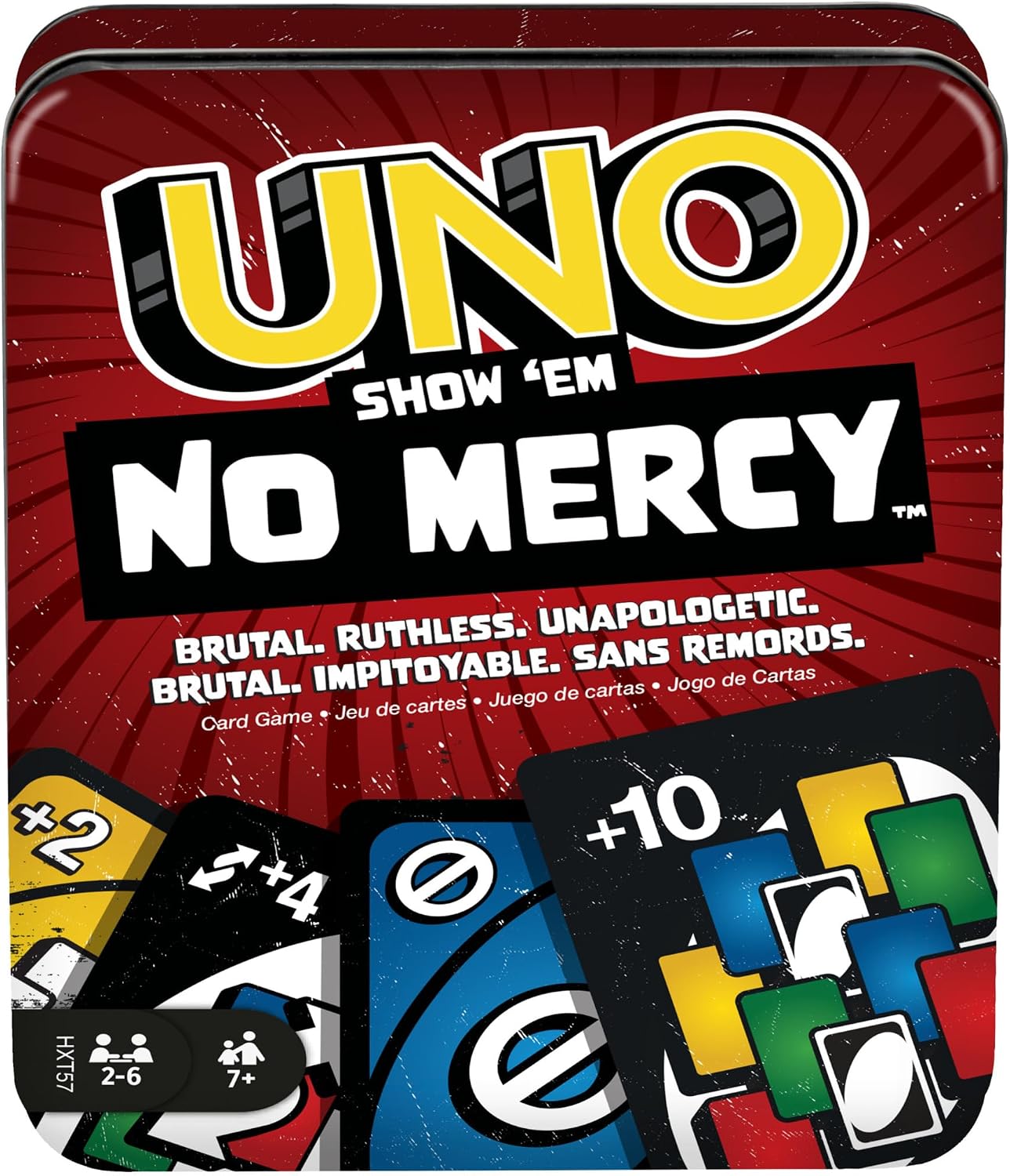 Mattel Games UNO No Mercy, Juego de Cartas con Cartas adicionales, Reglas Especiales y penalizaciones más despiadadas, Juego de Mesa Familiar, para niños y niñas +7 años, HXT57, Caja de Metal