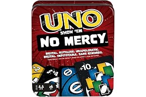 Mattel Games UNO No Mercy, Juego de Cartas con Cartas adicionales, Reglas Especiales y penalizaciones más despiadadas, Juego de Mesa Familiar, para niños y niñas +7 años, HXT57, Caja de Metal