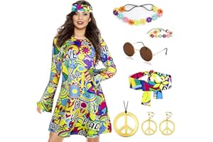 OKABAY 8PCS 70s Fancy Dress Women Set, 70s Hippie Dress Costumes Necklace Earrings Sunglass Women Disco Outfit, 60s Party Costume, Womens Hippie Costume for Carnival Cosplay Party