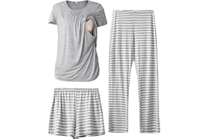 SUNNYBUY Damen Umstandsmode Stillpyjama-Set, Kurzarm-Stillshirts, Schwangerschafts-Shorts und Hosen, 3-teiliges Stillpyjama-Set