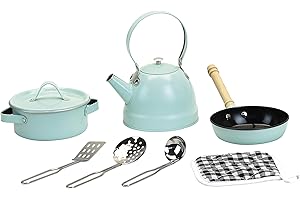 Vilac Children's Metal Pretend Play Kitchen Set, Includes Utensils, Saucepan and Kettle, Pastel Blue, 3 Years+