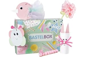 Lulubug Bastelset für Mädchen und Jungen, 600 Teile | Seidenblumen, Pompons, Tonpapier, Washi Tape, Wackelaugen, Sticker uvm. im Bastelkoffer | DIY Scrapbook Bastelbox für Kinder