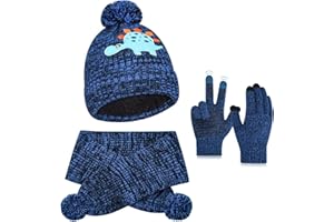 AOTOW Kinder Winterhandschuhe Mütze Schal Set: Junge Mädch Beanie Thermo Strickmütze Winterschal mit Touchscreen Handschuhe FleeceFutter Winterset 5-10 Jahre